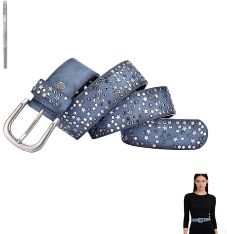 Wenrou Ceinture Cloutée pour Dames, Ceinture à Clous avec Petits Clous de Différentes Couleurs, Ceinture Femme Cloutée 110 cm avec Rivets Étoiles, Réglable, avec Perforatrice pour Jeans, Robes
