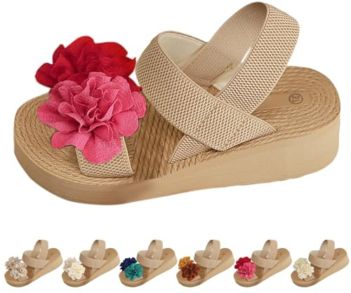 Generiska damsandaler, sommarplatå, ortopediska sandaler, damer breda H, sommarskor, bekväma öppna strandsandaler, lätta fritidssandaler, halkfria sugrör skor med blommor, utomhussandaler