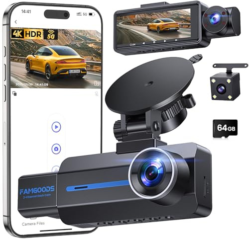 Famgoods Dashcam Frontal 4K, Retro, Interior, Pantalla IPS de 3.16, Tarjeta Gratuita de 64GB, Dash CAM Camara Coche WiFi inalámbrico de 5GHz, App, Super Visión Nocturna, Sensor G, Grabación en Bucle