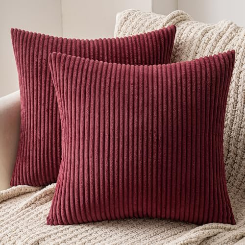 MIULEE Set of 2 Corduroy Cushion Cover 45x45 Burgundy Sofa Cushions | Pillow Cases Sofa Modern Soft Decorative Couch Cushions With Hidden Zip