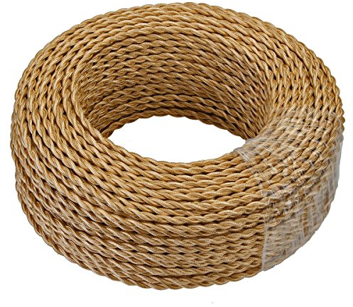 GreenSun Câble Electrique Textile 5M，Câble textile pour lampe Câble d'alimentation Fil de cuivre recouvert de lin 2 noyaux（2x0,75 mm²），Pour DIY Pendentif Lampe，Or clair