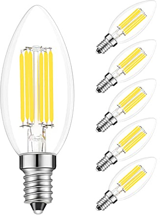 Lamsky E14 Dimmable LED Bulb 6W,AC 110V 600Lumens Daylight 5000K,E14 European Base Candelabra LED Bulbs,Clear Glass Torpedo Shape(5-Pack)