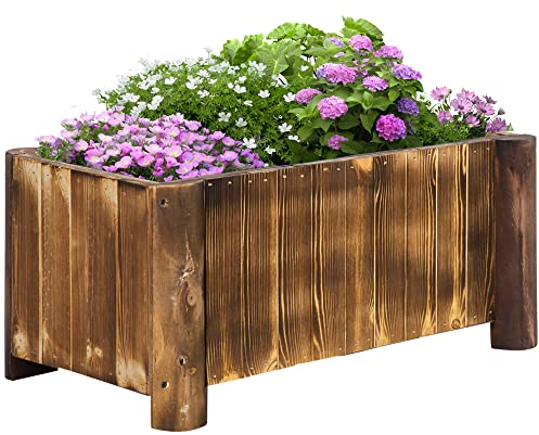 Outsunny Jardinière sur Pied bac à Fleurs dim. 70L x 35l x 30H cm piètement Demi rondin Corps Aspect Lattes Bois Sapin traité carbonisation