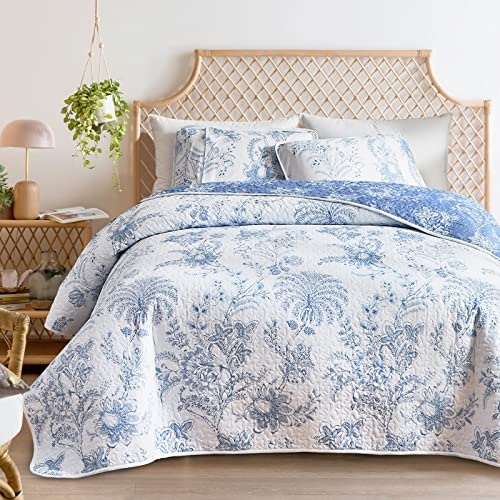 Flysheep Juego de edredón botánico tamaño Individual, Juego de Ropa de Cama Reversible de Verano con Estampado Floral Blanco y Azul, Colcha Ligera de Microfibra Suave para Todas Las Estaciones, 92 x