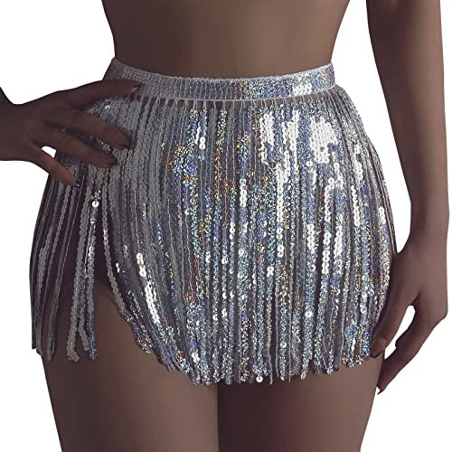 Rave Rock Bauchtanz Hüfttuch Kostüm Latin Dance Röcke Pailletten Quaste Fransen Hüfttuch Outfits Rock Gürtel Festival Kleidung Hüftschal Rave Outfit für Damen (Silber, XL)
