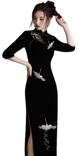 CBROOT Robe Cheongsam pour Femmes - Robe Traditionnelle Chinoise Cheongsam 3/4 Manches Qipao Femmes Filles Mode Élégant Rétro Broderie Velours Robe De Style Oriental, Noir, L
