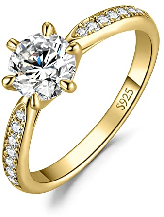JewelryPalace Klassisch 6.5mm 1ct Rundschliff Moissanite Solitär Promise Ring Damen, Verlobungsring Damenring Ringe Silber 925 mit Stein für Frauen, Simulierte Diamant Jubiläum Eheringe Vergoldet 62