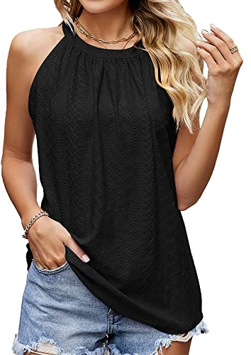 TTPSRY Débardeur Femme Tank Top Col Halter Tops sans Manche Broderie Anglaise Haut Chic Et Elegant Vetement Ete Caraco Plissé Tshirt Casual Coton Respirant