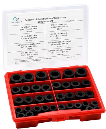 KINETICS LINE 500 Stück EPDM Gummi Flachdichtungen (Dichtungbox mit 5 Größen von 3/8 bis 3/4) für Sanitär, Klima, Lüftung, Rohrleitungs und Garten (von -40°C bis 110°C)