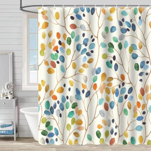 Hozzwhoo Waterproof Shower Curtain for Bathroom, Colorful Floral Leaves Curtain Bathroom Decoration with 12 Pcs Curtain Hook, 72 x 72 Inch