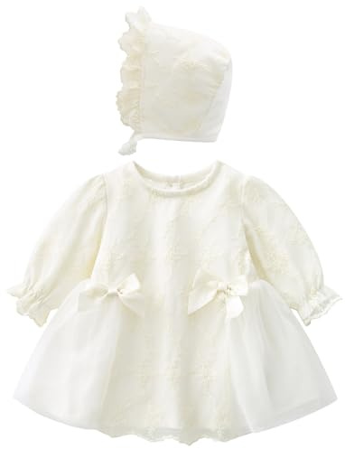 Happy Cherry Neonata Abito Battesimo Elegante Abitini da Principessa Bambina Maniche Lunghe con Fiocco + Cappello Vestito Bianco Autunno Primavera 6-9 Mesi