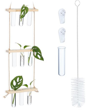 Relaxdays Estación Propagación Esquejes, Propagador Plantas Colgante, Tubos Ensayo, Soporte Madera, Natural/Transparente
