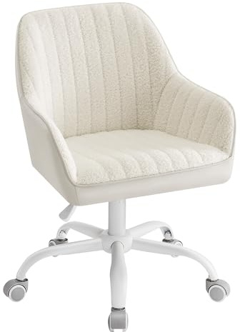 SONGMICS Office Chair, Swivel Chair, Makeup Vanity Chair, Sherpa and Synthetic Leather, Foam Padding, Adjustable Height, for Home Office, Study, Bedroom, Cappuccino Beige and Cloud White OBG012W11