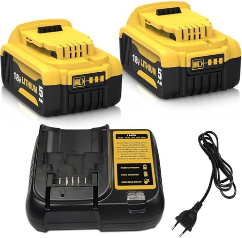 TOPBATT 2Stück 5000mAh Ersatz für Dewalt Akku 18V + 1Stück 10,8~20V 3A DCB107 für Dewalt Akkuladegerät mit LED-Anzeige