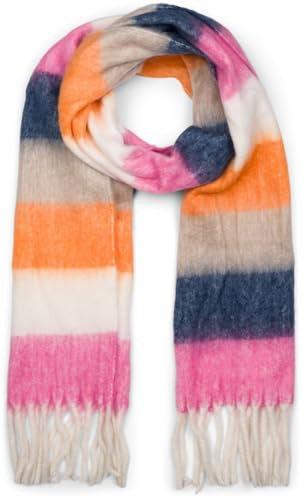 styleBREAKER Women's woven knitted scarf with wide colourful stripes and thick fringes - Warm winter scarf, multicoloured 01017160, Colour:Pink-White-Orange-Taupe-Dark Blue