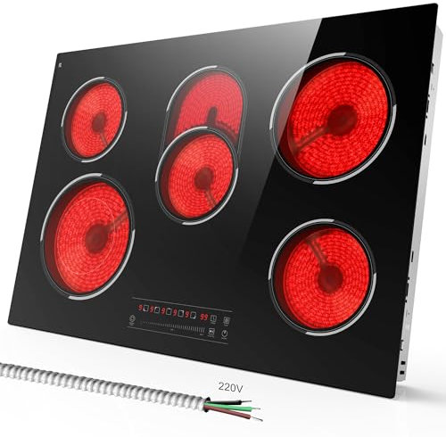 Traenvir 5 Burner Electric Cooktop, 30 Inch 8400W Built-in Electric Stovetop, Glass Ceramic Cooktop with Expanded Zone, Slide Touch Control, Child Lock, Timer, Pause, 220V - 240V Hard Wire, No Plug