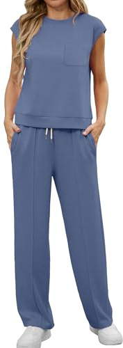GRECERELLE Two Piece Outfits Women Summer Short Sleeve Tracksuit Womens Full Set Lounge Wear Sets for Women Casual Crew Neck Cap Sleeve Tops and Jogging Bottoms with Pockets