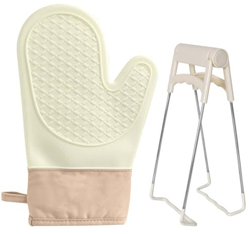 1 Set Guanti Forno Bianco,Resistenti al Calore Fino a 300°C Guanti Forno in Silicone con Pinza Teglie,Cucina Silicone Resistente Calore Guanti,Guanti Anti-Scottatura,per Cuocere,Cucina e Grigliare