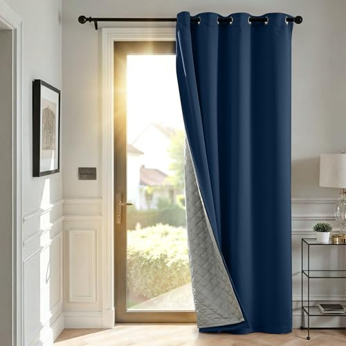 TOPICK Blackout Thermal Curtains with Detachable Lining Navy Blue W52 xL84 | 1 Panel, Windproof, Soundproof Eyelet Curtains, 2 Layer Thick Insulated Microfiber Layer for Bedroom, Living Room, Door