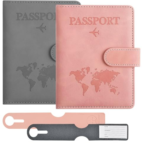 2 Pezzi Porta Passaporto, con Blocco RFID e Etichetta per Bagagli, Custodia Passaporto da Viaggio in Pelle PU, Cover per Passaporto, Carte di Credito e Documenti di Viaggio, Unisex per Uomo e Donna