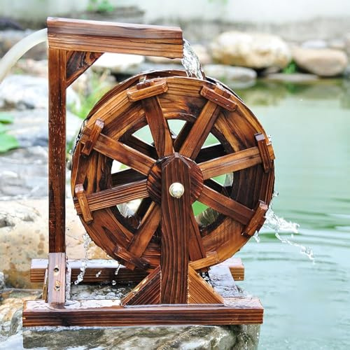 Water wheel Fountain with Stand, Wooden Self-Rotating Water Wheel, garden water Decoration Water Feature, for Garden Patio Pond Pool, Vintage Rustic Ornamental(67*28*77cm/26.4*11*30.3in)