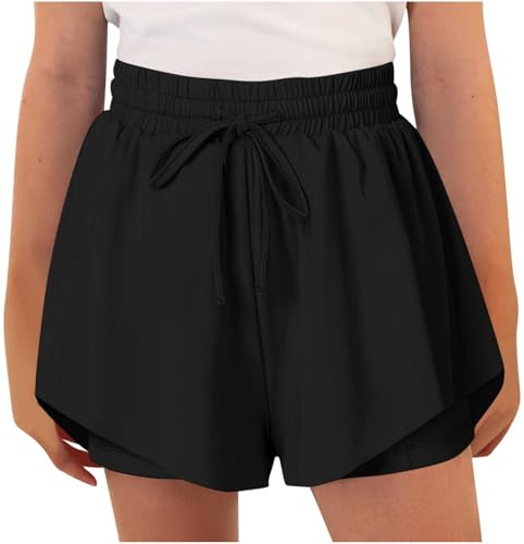 AMhomely Girls Sports Shorts 2 in 1 High Waisted Running Dance PE Shorts Breathable Flowy Athletic Skort for Ages 6-14 Years Black