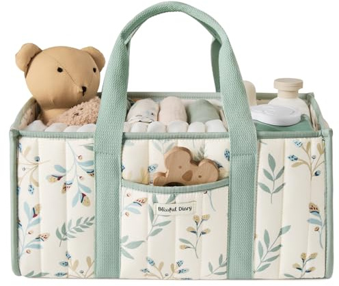 Blissful Diary Panier Rangement Bébé, Organiseur de couches pour Table à Langer, panier de rangement pour couches et lingettes pour bébé, cadeau pour fête prénatale,Feuille de Sauge