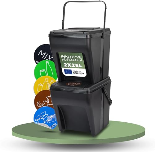 Novaliv Mülltrennsystem Set - 2x 25L Mülleimer Trennsystem - Mülleimer 4 Fächer - Mülltrennsysteme stapelbar - Mülltrennung Recycling Behälter - Abfalltrennsystem - Müll Organizer Müllsortierer