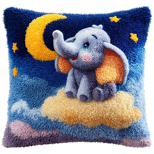WallustrioaW DIY Knüpfkissen Zum Selber Knüpfen Knüpfhaken-Set, Tiere Elefant 3D-Kissen, knüpfen set erwachsene knüpfkissen,Knüpfhaken-Kissen-Set, 43x43cm