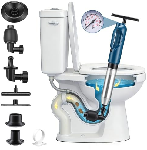 Déboucheur Canalisations Professionnel, Déboucheur WC Puissant avec Baromètre Visuel, 4 Embouts Lnterchangeables pour Ventouse Deboucheur, Idéal pour Toilette, Évier, Baignoire（Bleu）