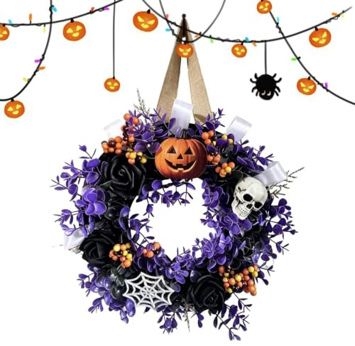 Halloween Dörrkransar 35 cm Girlang med dödskallar och pumpor | Festliga Krans Dekorationer för Inomhus och Utomhus, Vardagsrummet, Fönster, Vägg, Öppen Spis, Entré, samt