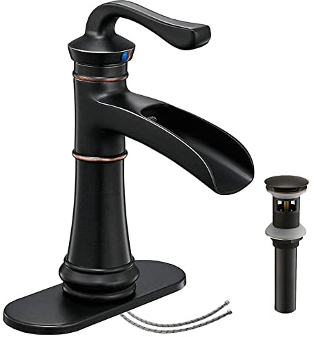 Homevacious Oil Rubbed Bronze Bathroom Faucet Waterfall Sink Single Handle Lever Mixer Tap with Pop Up Drain Assembly