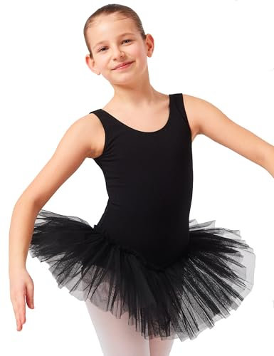 tanzmuster Kinder Ballett Tutu Anabelle aus Baumwolle mit Breiten Trägern und Tüllrock in schwarz, Größe:116/122