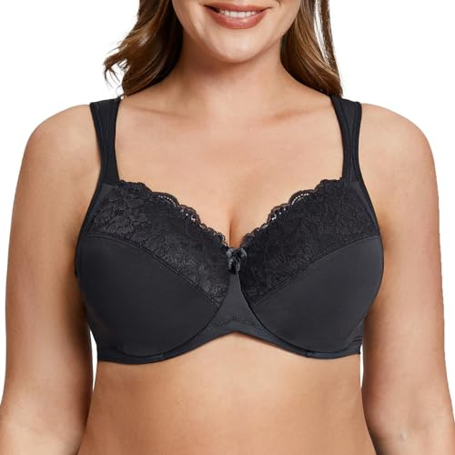 MELENECA Kvinnors Cushion Strap Full täckning Plus Size Bygel Spets Minimizer BH Schwarz 75E