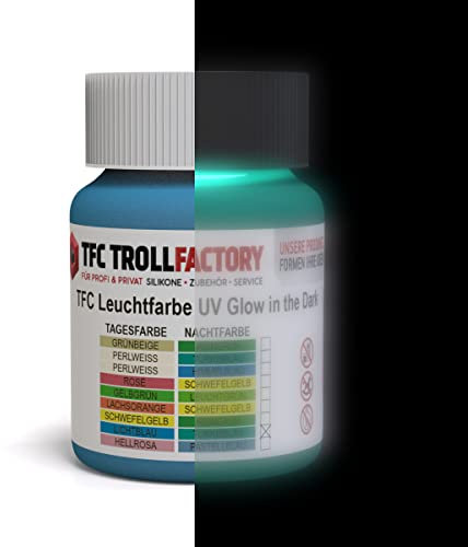 TFC Leuchtfarbe UV Glow In The Dark Tagesfarbe: RAL5012 lichtblau – Nachtfarbe: RAL5018 türkisblau 100 g