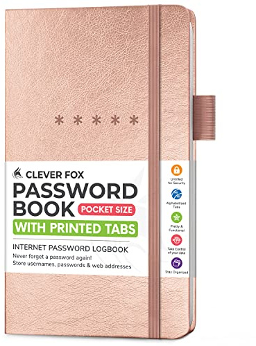 Clever Fox Password Book – Alphabetized Internet Address & Password Organizer - Computer & Website Password Keeper Notebook – Log-In Password Journal – Pocket, 6.2x3.5″, Hardcover (Rose Gold)
