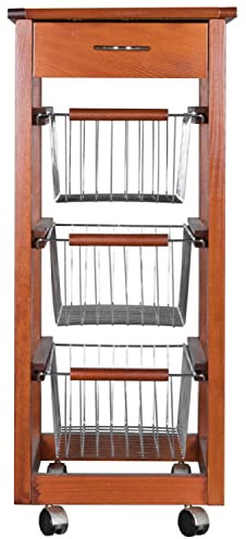 MarvinWeb Carrello Cucina SALVASPAZIO in Legno di FAGGIO con CASSETTO E CESTI CONTENITORI 4 Ruote GIREVOLI PORTAPANE PORTAFRUTTA (Ciliegio)