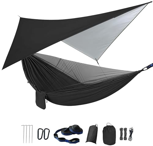 Camping Hammock with Mosquito Net Rain Fly Heavy Duty Tree Strap Portable Single Double Parachute Hammocks Tent Waterproof Rainfly Set for Camping Patio Backpacking Outdoor Hiking Travel