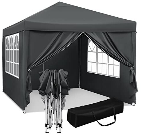 WOLTU Pabellón de Jardín Cenador Plegable Pérgola Cuadrada con Diseño Pop Up Carpa con Cubierta Tela Oxford Hecho de Tubos Metales, 3x3 m, Altura Ajustable para Camping y Playa,Antracita
