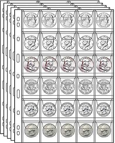 MUQING 600 Pockets Coin Sleeves, 20 Sheets Coin Pages, Coin Collecting Supplies with Standard 9 Holes, Coin Sheets Plastic for Binder(30 Pocket)