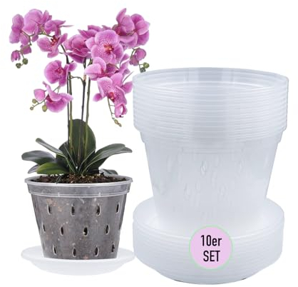 Garten lux Lot de 10 Pots à orchidées Transparents avec Trou de Drainage de 17 cm de diamètre 1,5 l et 10 soucoupes en Plastique pour orchidées pour l'intérieur