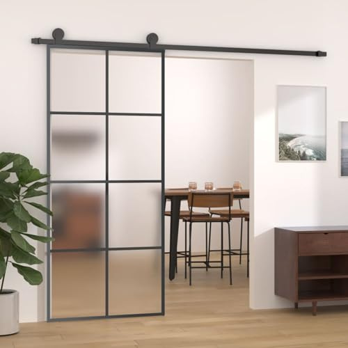 Homgoday Puerta corredera Aluminio y Vidrio ESG Negra 90x205 cm Puerta Corredera Puerta Corredera de Cristal Puerta Corrediza Moderna para Sala de Estar Esmerilado