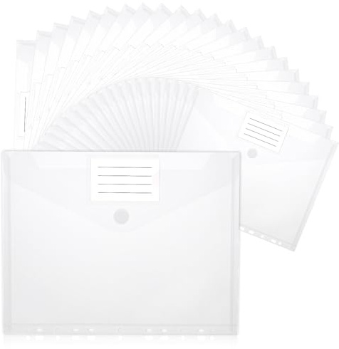 JIANTA Paquete de 24 carteras A4 transparentes, carpetas para documentos, carteras de plástico con cierre de velcro y bolsillo para etiquetas