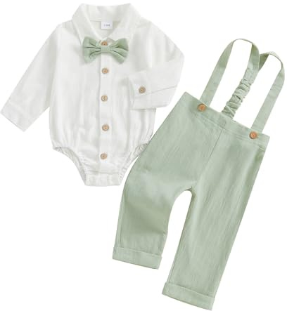 MAHUAOYIXI Infant Baby Boy Gentleman Suit 0-18M Long Sleeve Lapel Neck Button Up Rompers Shirts With Bow Tie and Solid Color Suspender Pants 2Pcs Set Clothes for Todder Boys (Green, 3-6 Months)