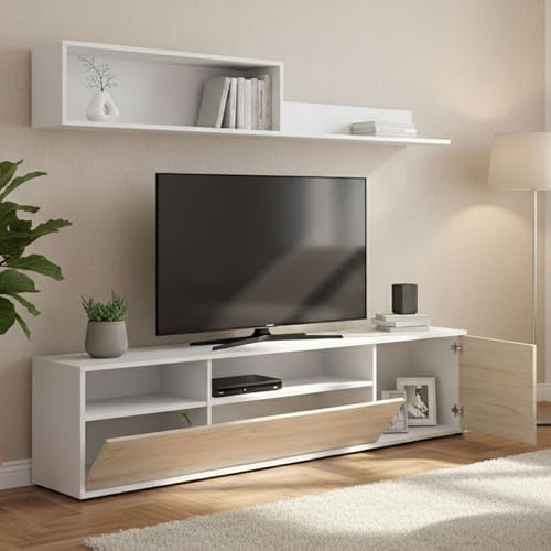 Dmora - Parete attrezzata Gabberi, Composizione soggiorno, Mobile salotto multiuso, Armadio porta TV, 180x35 h44 cm, Bianco e Rovere
