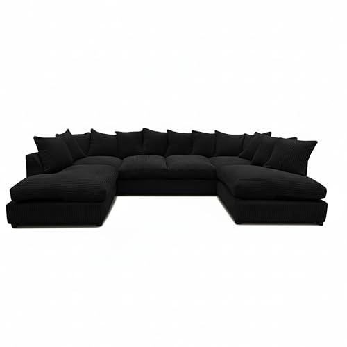 SofaSelection Jumbo Cord U-Shape Sofa — The Cosy Centre of the Family Lounge, Modular Sofa for 6-7 People with Memory Foam, Machine-Washable Covers, Birch Frame, UK Made (Black, Scatter Back)