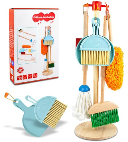 Koolbitz Kids Wooden Cleaning Set - 7Pcs Housekeeping Kit with Broom, Mop, Dustpan & Brush - Realistic Children’s Cleaning Toys for Toddlers - Role Play Cleaning Set for Boys and Girls Ages 3+ Years