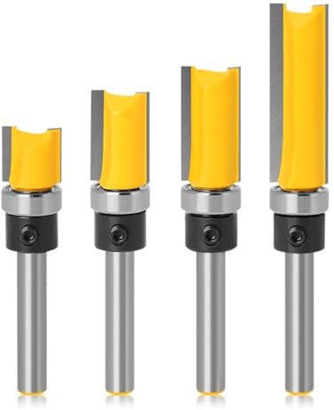 4 Pcs 1/4 Inch Shank Flush Trim Pattern Bit Set, Top Bearing Straight Flush Trim Tools Template Router Cutter Professional Woodworking Milling Cutting Tool for Wood Hardwood 12 20 25 38mm