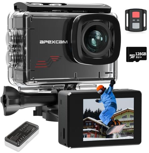 Apexcam M80 4K 60FPS 48MP Action Cam mit 128GB WiFi Karte 40M Ultra HD Unterwasserkamera Wasserdicht Sport Kamera 8X Zoom Voraufnahme Wide Angle mit 2x1350 Akku Kit Zubehör
