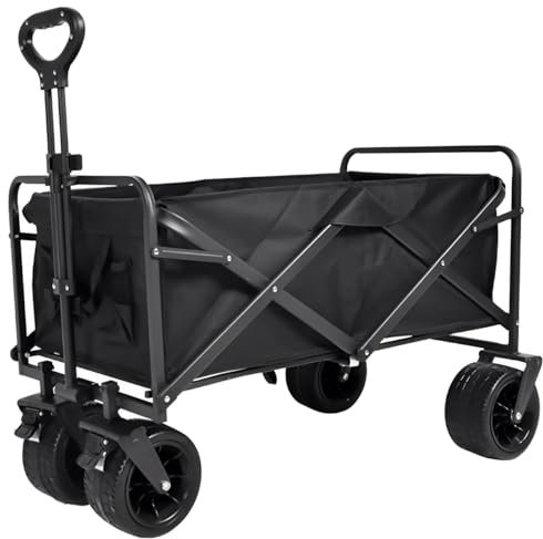 Carrito Plegable de Carga con Ruedas Todo Terreno, Carro de Transporte para Camping, Playa, Jardín y Compras, Estructura Resistente y Tela Duradera, Fácil de Guardar y Transportar (Ruedas Anchas)